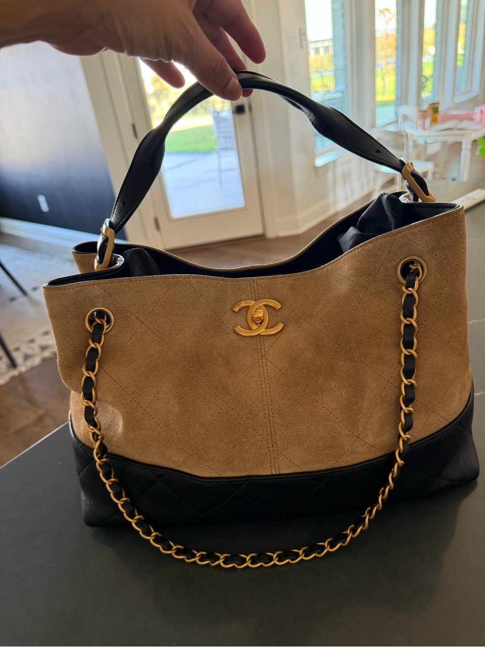 Chanel Two-Tone Suede & Leather Shoulder Bag in Beige and Black